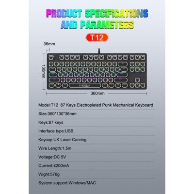 Bàn Phím cơ T-Wolf T12, Blue Switch, USB, LED, 87 Gaming bảo hành 12 tháng - Hàng chính hãng