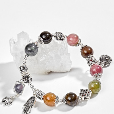 Vòng Tourmaline Đa Sắc Phối Charm Lá Bạc (10mm) Ngọc Quý Gemstones