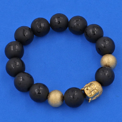 Vòng tay Thạch Anh Đen Khắc Phật Chú Chữ Mờ 14 ly - Vòng tay Phật A Di Đà inox vàng VTAEPMNLVHB14 - hợp mệnh Mộc, mệnh Thủy - Vòng đeo tay size lớn