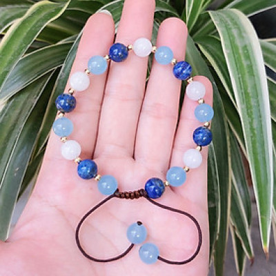 Vòng tay Nữ phong thủy đá Aquarium mix bi bạc tròn hút Tài Lộc Duyên kết dây cotton thủ công