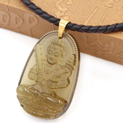 Dây chuyền mặt Hư Không Tạng Bồ Tát thạch anh khói 5cm + dây da - phật bản mệnh tuổi Sửu, tuổi Dần