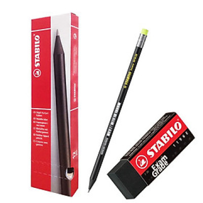 Hộp 12 cây bút chì gỗ STABILO Swano 2B thân đen + tẩy ER196E (PC4918/12-2B+) - Vàng