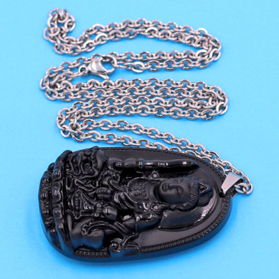 Vòng cổ mặt Văn Thù Bồ Tát - thạch anh đen 4.3cm DITTEO3 - dây inox - tuổi Mão