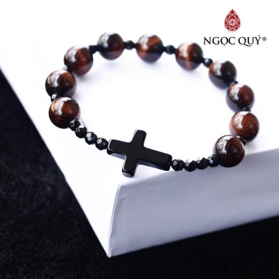 Vòng mân côi thạch anh mắt hổ nâu đỏ phối thánh giá hạt 10mm hợp mệnh thổ, hỏa - Ngọc Quý Gemstones