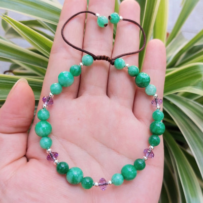 Vòng tay Nữ phong thủy đá cẩm thạch xanh mix đá thạch anh tím cắt giác cao cấp