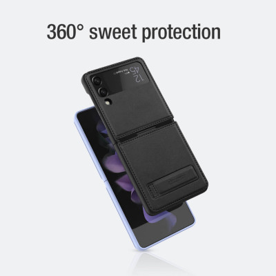 Case bao da chống sốc cho Samsung Galaxy Z Flip 3 trang bị chân chống giá đỡ điện thoại hiệu Nillkin Qin Vegan (bảo vệ máy cực tốt, chất liệu da thật cao cấp, thiết kế thời trang cá tính) - hàng nhập khẩu
