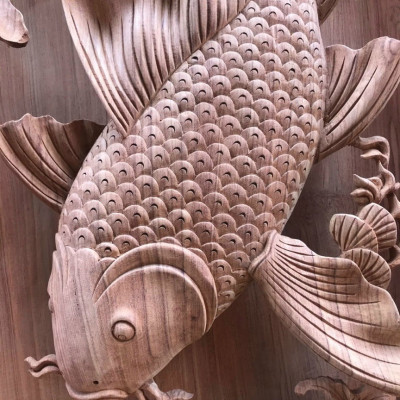 Cặp tranh điêu khắc treo tường tích lý ngư vọng nguyệt đẹp long lanh  bằng gỗ hương đá kt 47×147×10cm