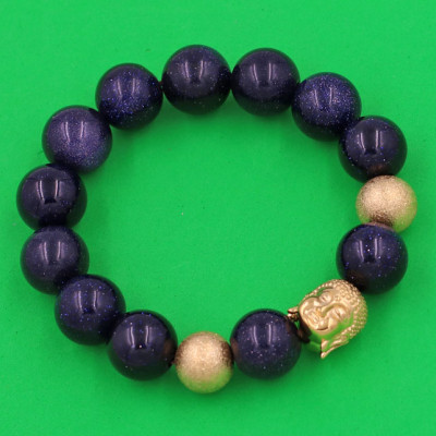 Chuỗi hạt đeo tay Đá Lam Sa 14 ly - Vòng tay Phật A Di Đà inox vàng VLSNLVHB14 - hợp mệnh Thủy, mệnh Mộc - Vòng đeo tay size lớn