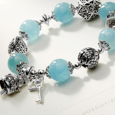 Vòng tay đá aquamarine phối charm mèo bạc size hạt 12mm mệnh thủy, mộc - Ngọc Quý Gemstones