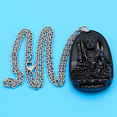 Vòng cổ mặt Văn Thù Bồ Tát - thạch anh đen 4.3cm DITTEO3 - dây inox - tuổi Mão
