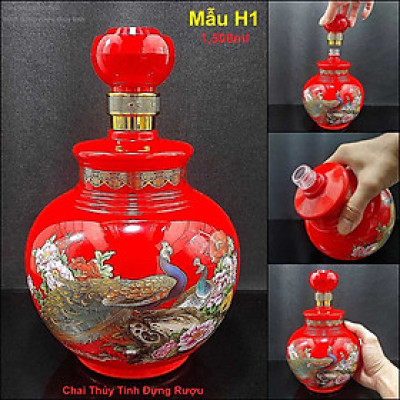 Bình Đựng Rượu Thủy Tinh cao cấp 1500ml mẫu bầu tròn màu đỏ may mắn - Chai Đựng Rượu Thủy Tinh – Vỏ Chai Rượu Đẹp decor (H1)
