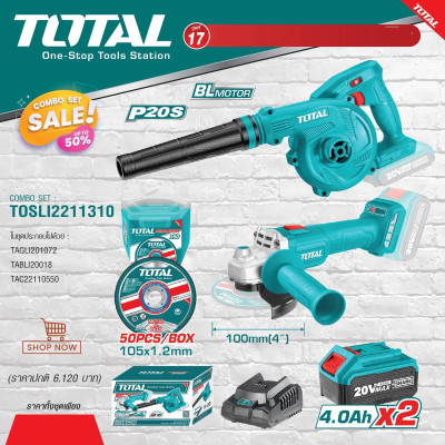 BỘ COMBO MÁY MÀI GÓC TAGLI20107 VÀ THỔI BỤI  TABLI20018 DÙNG PIN 20V (2 pin 4.0Ah và 1 sạc) TOTAL TOSLI2211310 - HÀNG CHÍNH HÃNG