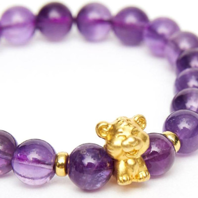 Vòng tay đá thạch anh tím charm tuổi dần bạc mạ vàng 24K 8mm mệnh hỏa, thổ - Ngọc Quý Gemstones