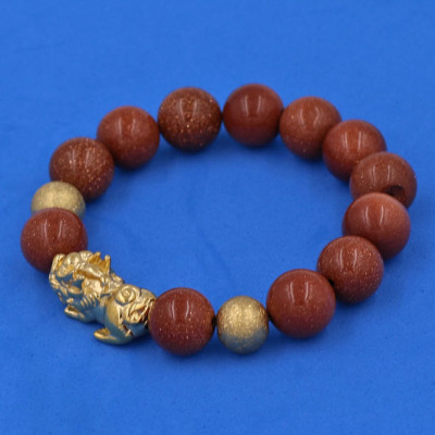 Chuỗi đeo tay Đá Kim Sa 12 ly - cẩn Tỳ Hưu Phong Thủy inox vàng VKSTHHBV12 - hợp mệnh Thổ, mệnh Mộc