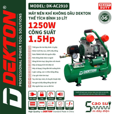MÁY NÉN KHÍ KHÔNG DẦU 10L 1250W DEKTON DK-AC2910 - HÀNG CHÍNH HÃNG