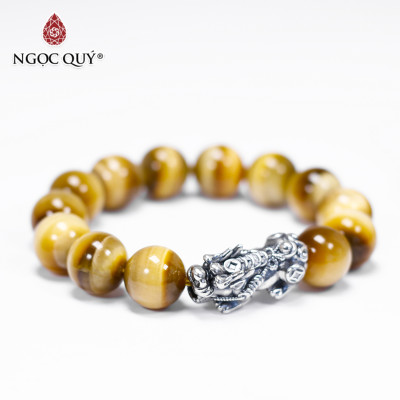 Vòng tay đá mắt hổ vàng tâm phối tỳ hưu bạc thái size hạt 13mm mệnh thổ , kim - Ngọc Quý Gemstones