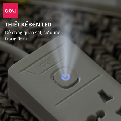 Ổ Cắm Điện Đa Năng Kèm Cổng USB Có Công Tắc Tải 2500W Nắp Chống Giật Chống Cháy Chất Lượng Cao Deli - Dây 2M/3M/5M - ET401 411