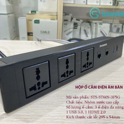Hộp ổ cắm âm bàn Sinoamgo STS-ST60S-2F5G, chất liệu nhôm xước cao cấp, tích hợp 3 ổ cắm điện, 2 lan cat6, HDMI, USB 3.0 - Hàng chính hãng