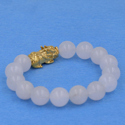 Vòng đeo tay thạch anh trắng 12 ly - cẩn Tỳ Hưu inox vàng VTATTHV12 - hợp mệnh Kim, mệnh Thủy