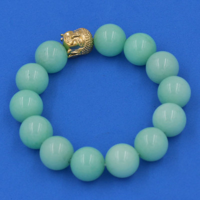 Vòng tay đá Ngọc Bích xanh 14 ly cẩn hạt Phật A Di Đà inox vàng VGBXNLV14 - hợp mệnh Mộc, mệnh Hỏa