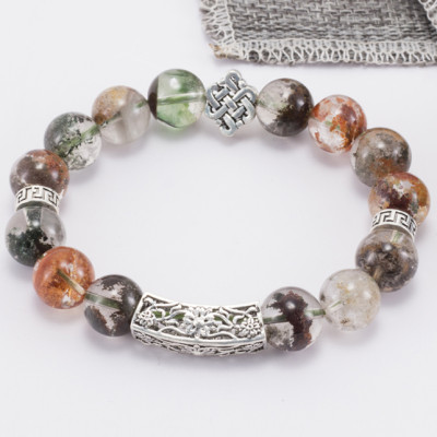 Vòng Thạch Anh Ưu Linh Đa Sắc Phối Charm Kết Đồng Tâm Bạc (12mm) Ngọc Quý Gemstones