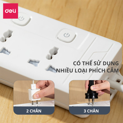 Ổ Cắm Điện Đa Năng Kèm Cổng USB CÔNG TẮC RIÊNG Chống Giật Chống Cháy Chất Lượng Cao Deli - Hàng Chính Hãng - ET409 410 411