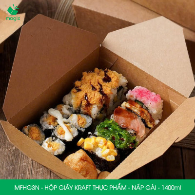 MFHG3N -100 hộp giấy kraft thực phẩm 1400ml, hộp giấy nắp gập màu nâu đựng thức ăn, hộp giấy nắp gài gói đồ ăn mang đi 