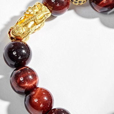 Vòng Tay Nam Đá Mắt Hổ Nâu Đỏ Phối Tỳ Hưu Bạc Mạ Vàng 24K Ngọc Quý Gemstones