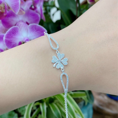 Lắc Tay  Nữ Bạc 925 Cỏ 4 Lá May Mắn Đính Đá BẠC HIỂU MINH LTU604