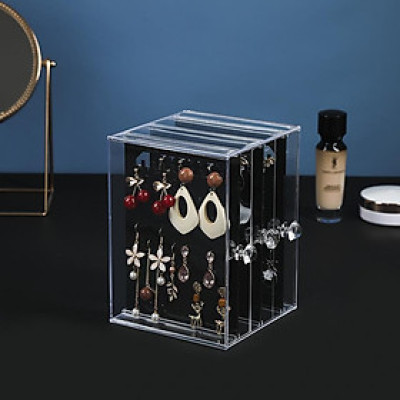 Hộp 3 khay treo trang sức khuyên tai mica trong suốt (khay trong và khay đen giao ngẫu nhiên)