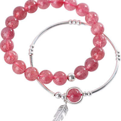 Vòng đôi đá thạch anh dâu phối charm lá bạc mệnh hỏa, thổ - Ngọc Quý Gemstones