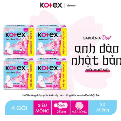 Combo 4 gói băng vệ sinh Gardenia Deo+ - Hoa Anh Đào siêu mỏng cánh 23cm 20 miếng