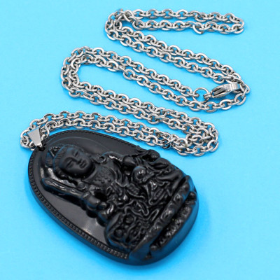 Vòng cổ mặt Văn Thù Bồ Tát - thạch anh đen 4.3cm DITTEO3 - dây inox - tuổi Mão