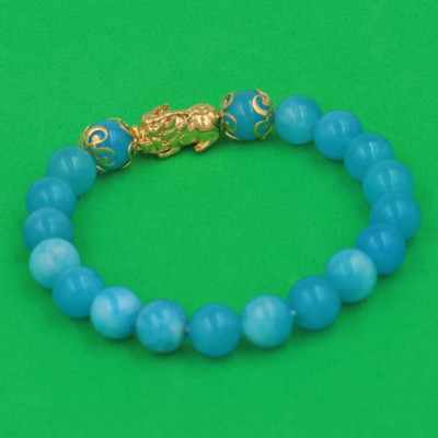 Chuỗi đeo tay Đá Ngọc Tủy Xanh Biển 8 ly - cẩn Tỳ Hưu Phong Thủy inox vàng VGTXBTHHKV8 - hợp mệnh Mộc, mệnh Thủy