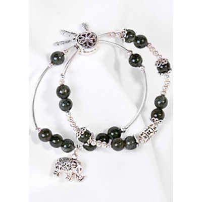 Vòng Tay Đôi Thạch Anh Tóc Xanh Charm Voi Bạc Ngọc Quý Gemstones