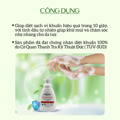 Nước rửa tay hữu cơ diệt khuẩn dạng bọt tinh dầu Quế 250ml thương hiệu Ecocare