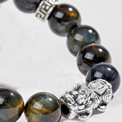 Vòng Thạch Anh Mắt Hổ Xanh Đen Phối Tỳ Hưu Bạc (12mm) Ngọc Quý Gemstones