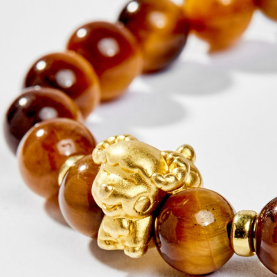 Vòng Tay Phong Thủy Đá Mắt Hổ Vàng Nâu Phối Charm Tuổi Mùi Bạc Mạ Vàng 24K (8mm) Mệnh Thổ, Kim Ngọc Quý Gemstones