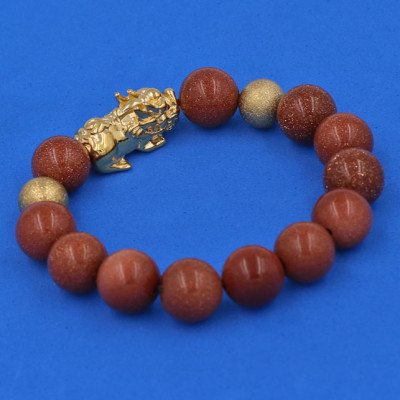 Chuỗi đeo tay Đá Kim Sa 12 ly - cẩn Tỳ Hưu Phong Thủy inox vàng VKSTHHBV12 - hợp mệnh Thổ, mệnh Mộc