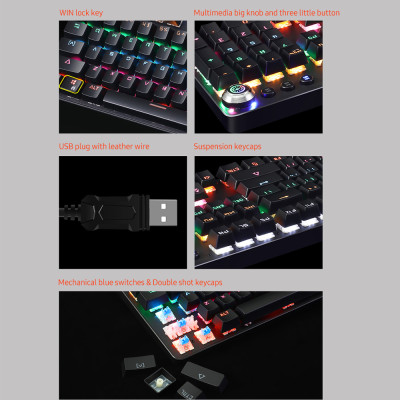 Bàn phím cơ có dây BAJEAL chơi game có đèn nền LED,di chuyển với Công tắc màu xanh