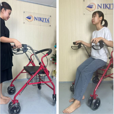 Xe tập đi bốn bánh cho người già có ghế ngồi, có giỏ đựng đồ, gấp gọn khi không sử dụng, chính hãng Nikita 