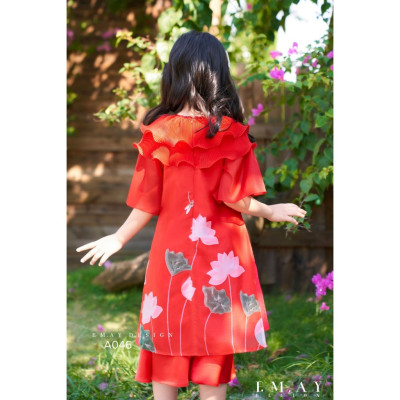 Áo dài tết cho bé gái mẫu Hoa sen tay phồng xinh xắn từ 12-40kg hàng thiết kế cao cấp