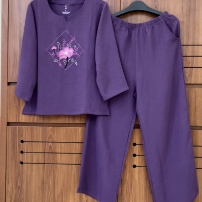 [BST Mới] Bộ mặc nhà trung niên cho mẹ, cho bà Vicci DTL01 thiết kế tay lỡ quần dài, chất liệu vải đũi chun mềm mịn phối họa tiết thêu hoa