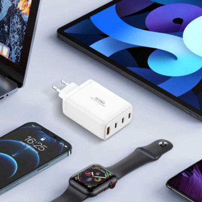 Adapter củ cóc sạc nhanh 120W đa năng 4 in 1 gồm 1 USB A và 3 PD Type-C hiệu WIWU Mini GaN Quick Charger chuẩn sạc nhanh PD 3.0 & QC 4.0 (công nghệ GAN + Silic, chip sạc thông minh, công nghệ tản nhiệt mới, chân cắm US-UK) - Hàng nhập khẩu