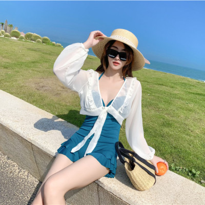 Bộ đồ bơi bikini nữ 1 mảnh giấu bụng tôn dáng đi tắm biển kèm áo ren trắng khoác ngoài chống nắng - B. 04