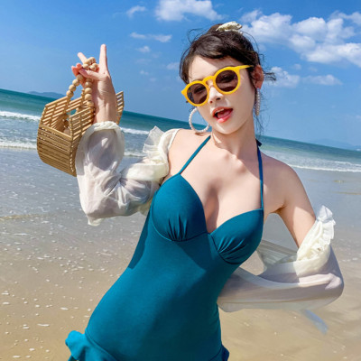 Bộ đồ bơi bikini nữ 1 mảnh đi tắm biển màu xanh kèm áo croptop trắng sang chảnh tôn dáng phong cách Hàn quốc - B04