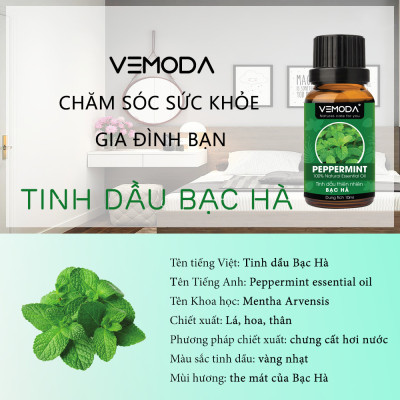 Tinh dầu Bạc hà cao cấp 50ML Peppermint. Tinh dầu xông phòng Vemoda giúp xông phòng, khử mùi, thanh lọc không khí, thư giãn, kháng khuẩn, giải cảm, xua đuổi côn trùng, chăm sóc răng miệng