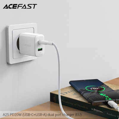 Sạc Acefast PD3.0 20W 2 cổng USB-C+USB-A (EU) - A25 Hàng chính hãng Acefast