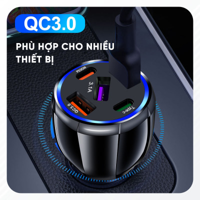 Tẩu Sạc Điện Thoại 5 Cổng USB Type C Trên Xe Ô Tô | Tẩu Sạc Điện Thoại 5 Cổng Sạc USB Type C Công Nghệ Sạc Nhanh Quick Charge 3.0, Chất Liệu Cao Cấp Chống Rơi Vỡ