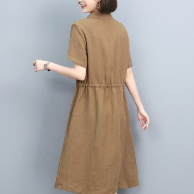 Đầm linen nữ cổ sơ mi ngắn tay kèm dây thát eo, thời trang công sở cho nữ đi làm Haint Boutique